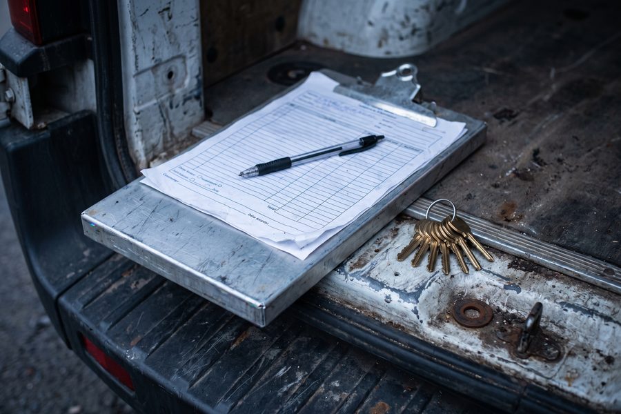 A clipboard and pen resting on a van tailgate beside a ring of blank key blanks